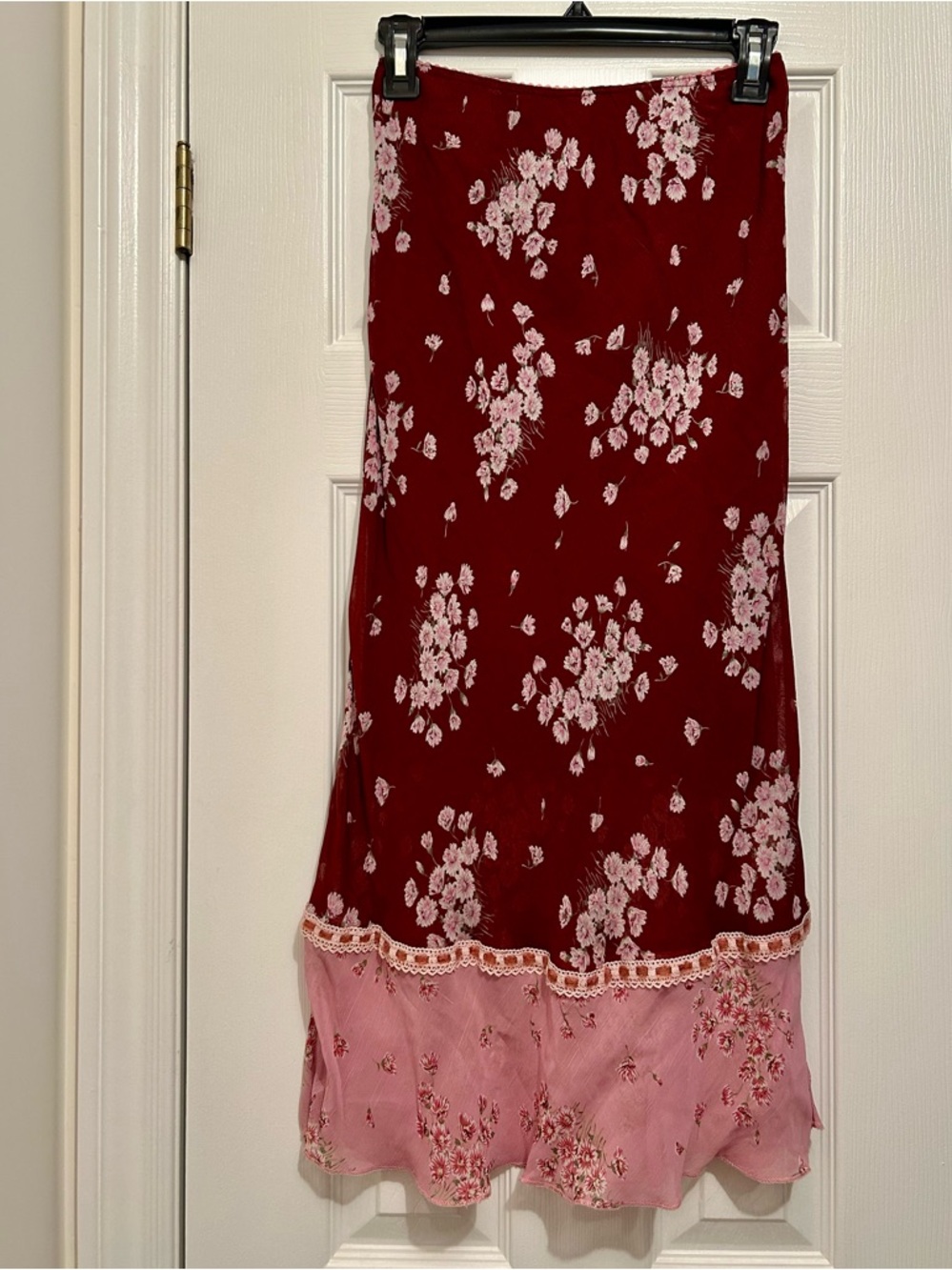 Vintage Sandro Burgundy Floral Midi Slip Skirt with Pink Accents - Picture 2 of 7
